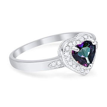 Halo Heart Promise Ring Round Simulated Rainbow CZ 925 Sterling Silver